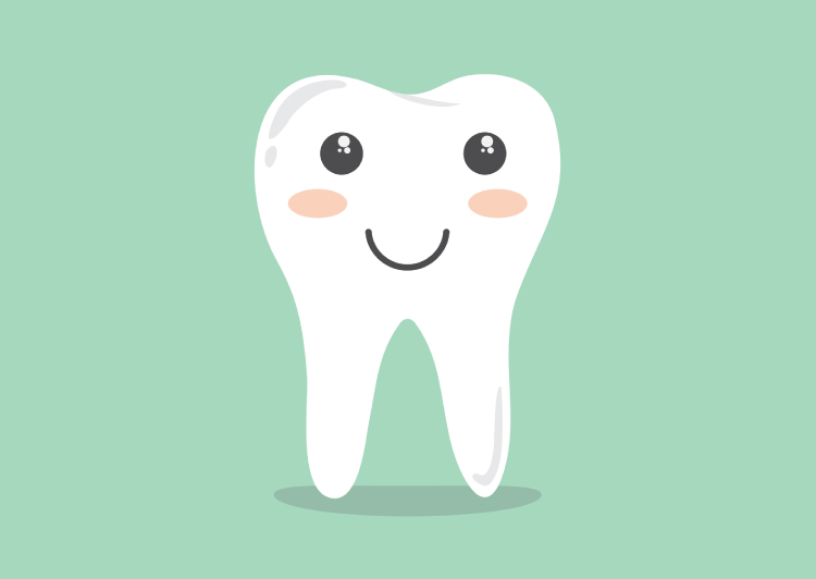 Drawing of a smiling white tooth against a mint green background